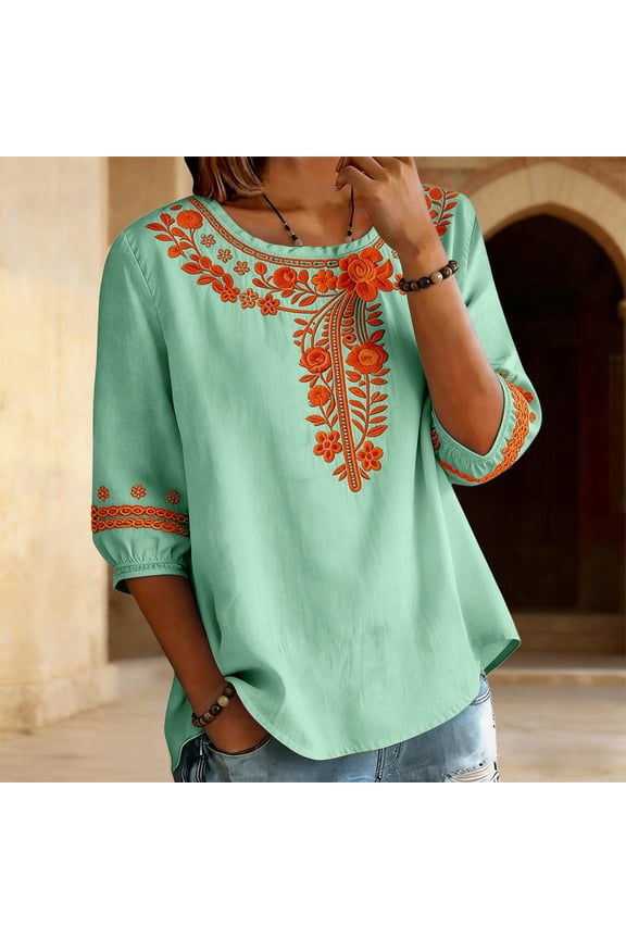 Embroidered Linen Tops Mexican Style Tops Cotton Blouses Peasant Boho Embroidered Shirts Boho Tops Mexican Tops Bohemian Peasant Shirts Floral Embroidered Top Linen Blend Tunic Top Mint Green S