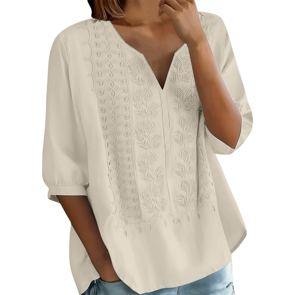 Embroidered Linen Tops for Women Linen Tops for Women 3/4 Sleeve Tops Boho Embroidered Tops Gauze Tops Cotton Blouses Peasant Blouses Linen Tunic Tops Embroidered Blouses Linen Shirts for Women
