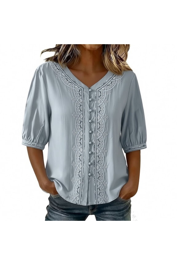 Embroidered Linen Tops for Women 3/4 Sleeve Button Boho Peasant Shirts Casual Gauze Clothes 2026 Summer Beach