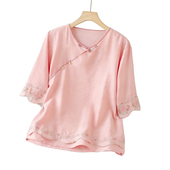 Embroidered Linen Tops for Women Dressy Casual Ruffle Mid-Sleeve Shirts Crew Neck Pullover Tees,Pink,3XL