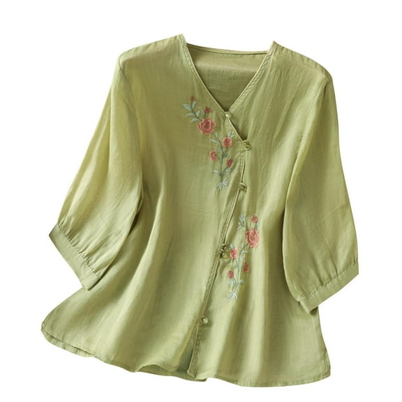 Embroidered Linen Tops for Women with Buttons Floral 3/4 Sleeve Trendy Casual Summer Fall Tee Shirt Blouses (2XL, Green)