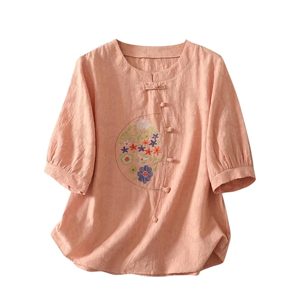 Embroidered Linen Tops for Women with Buttons Floral 3/4 Sleeve Trendy Casual Summer Fall Tee Shirt Blouses (2XL, Pink 01)