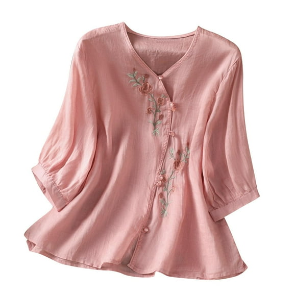 Embroidered Linen Tops for Women with Buttons Floral 3/4 Sleeve Trendy Casual Summer Fall Tee Shirt Blouses (M, Pink 02)