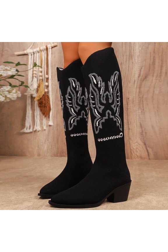 Embroidered Long Tube Flying Weaver Girl Big Size Thick Heel Denim Boots Retro Ethnic Elastic Boots