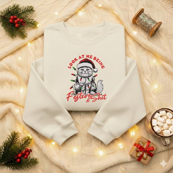 Embroidered Look At Me Being All Festive And Shit Shirt, Grumpy Cat Christmas Shirt, Funny Christmas Tee, Sarcastic Holiday Shirt, Xmas gift