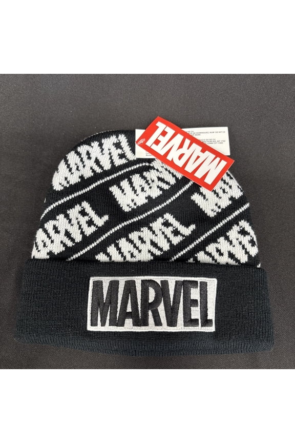 Embroidered Marvel Logo W/Repeat Marvel Logo Blk & White Kids Hat One Size