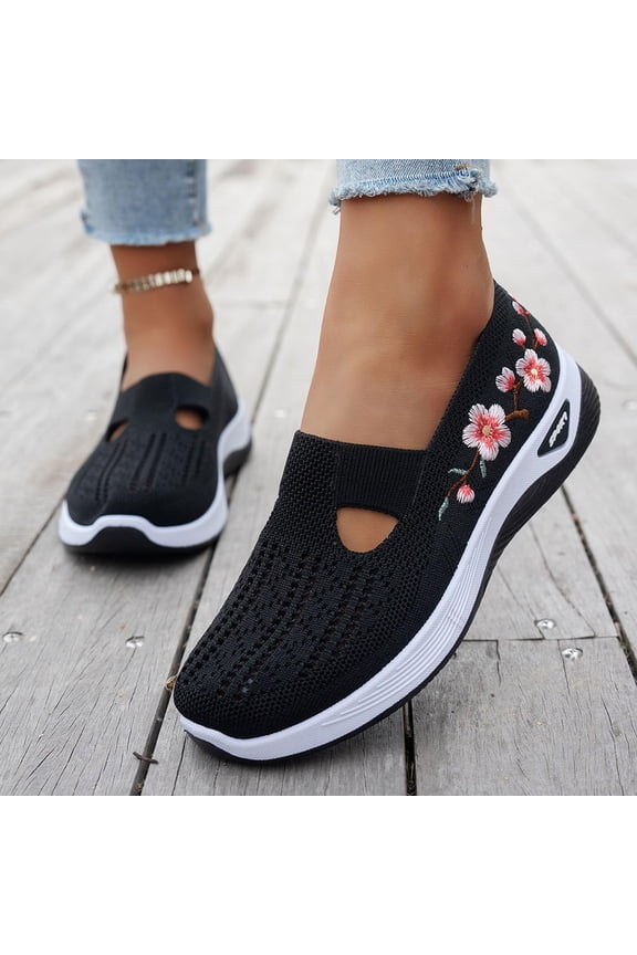 Embroidered Mary Jane Sneakers, Flower Embroidered Slip On Knitting Flat Loafers for Women Comfortable Soft Sole Tennis Shoes Breathable Mesh Comfy Platform Non Slip Walking Sneakers, Black 8