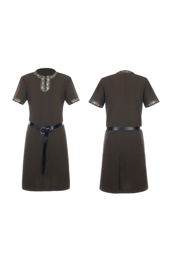 Embroidered Medieval Tunic Halloween Tops for Men, Men's Short Sleeve Long Robe with Gold Trim for Halloween & Renaissance Fair, Viking Pirate Costume Top, 1 PC Green L