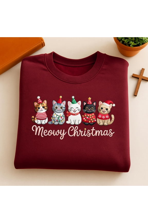 Embroidered Meowy Christmas Cat Shirt: Gift for Cat Mom