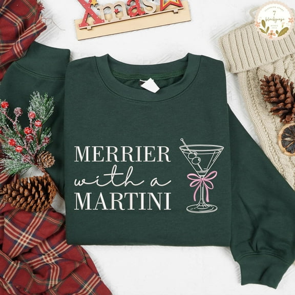 Embroidered Merrier With A Martini Sweatshirt, Retro Holiday Cocktail Sweatshirt, Cute Margarita Christmas Shirt, Holiday Cocktail Gift