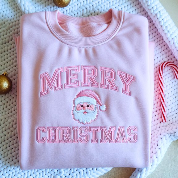 Embroidered Merry Christmas Pink Santa Sweatshirt: Unisex Holiday Season Shirt