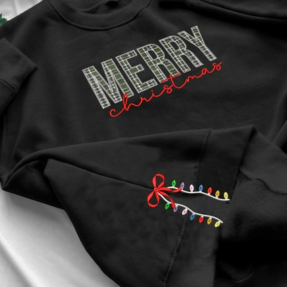 Embroidered Merry Christmas Side Bow Detail Sweatshirt, Merry Christmas pattern Embroidery Hoodie Crewneck, Side Light Embroiderd