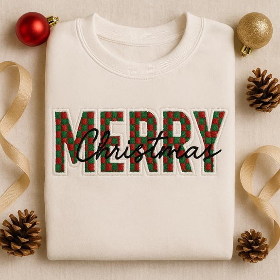 Embroidered Merry Christmas Sweatshirt, Red Green Plaid Crewneck, Holiday Pullover, Gingham Gift, Festive Xmas Shirt