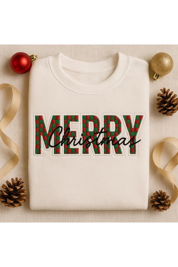 Embroidered Merry Christmas Sweatshirt, Red Green Plaid Crewneck, Holiday Pullover, Gingham Gift, Festive Xmas Shirt
