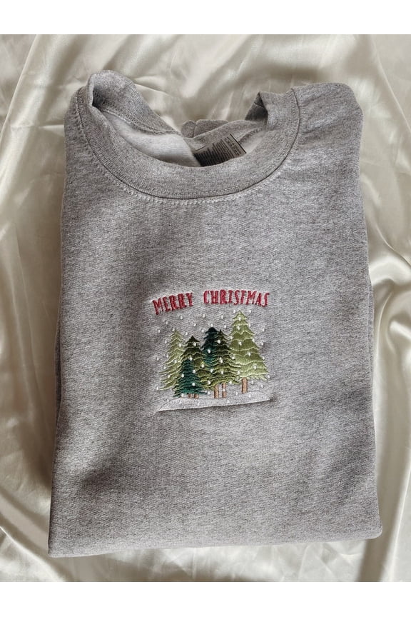 Embroidered Merry Christmas Trees Sweatshirt