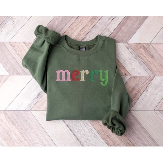Embroidered Merry and Bright Christmas Sweatshirt, Christmas Tee, Believe in Christmas, Merry and Bright Gift Shirt