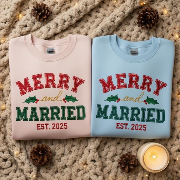 Embroidered Merry and Married Est 2025 Sweatshirt, Custom Newlywed Christmas Gift, Engagement Couple Shirt, Matching Holiday Crewneck