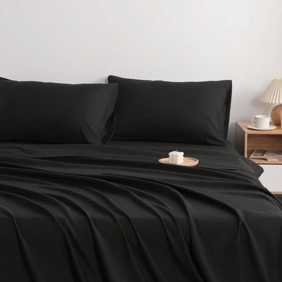 Embroidered Microfiber Bed Sheet Set, Super Soft And Cozy, Wrinkle, Fade, Stain Resistant, Deep Pocket Fitted Sheet, Black