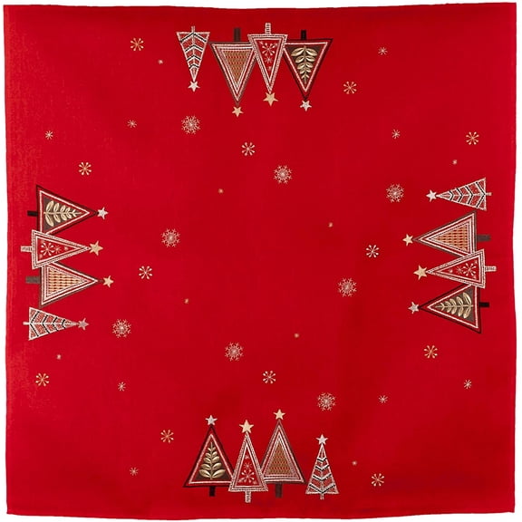 Embroidered Modern Triangle Christmas Trees on Red Table Topper, Small Tablecloth (34 Inch Square)