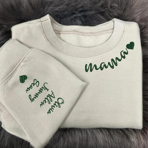 Embroidered Mom Sweatshirt With Kid Name On Sleeve, Mama Embroidery, Birthday Mom Outfit, Unisex Sweatshirt LINHKHA