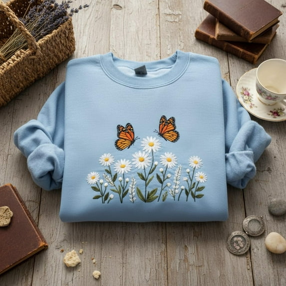 Embroidered Monarch Butterfly And Daisy Sweatshirt Cottagecore Floral Nature Lover Gift Garden Aesthetic Animal Motif Crewneck Shirt
