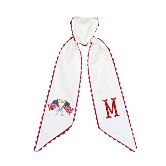 Embroidered Monogram Letter Wreath Bow with Scalloped Edge and Patriotic Flag Design for Front Door Decoration Outdoor Display