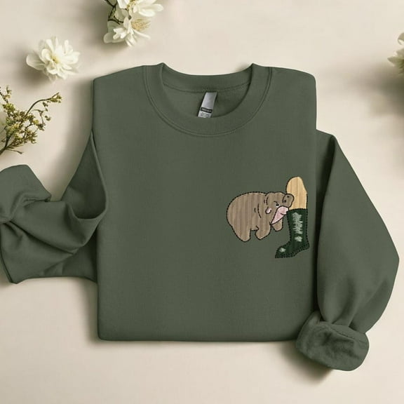 Embroidered Moo Deng Funny Baby Hippo Crewneck