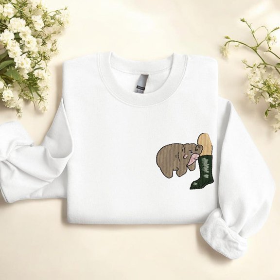 Embroidered Moo Deng Funny Baby Hippo Crewneck