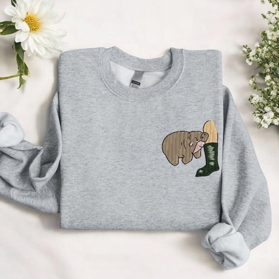 Embroidered Moo Deng Funny Baby Hippo Crewneck
