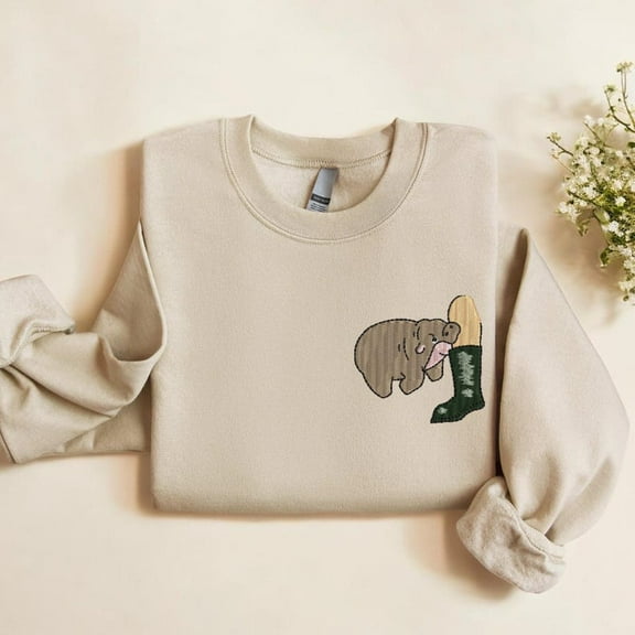 Embroidered Moo Deng Funny Baby Hippo Crewneck