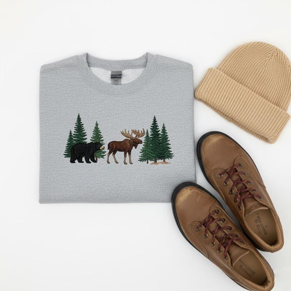 Embroidered Moose Bear Sweatshirt, Forest Animals Wildlife Apparel, Nature Lover Hiking Camping Crewneck Gift