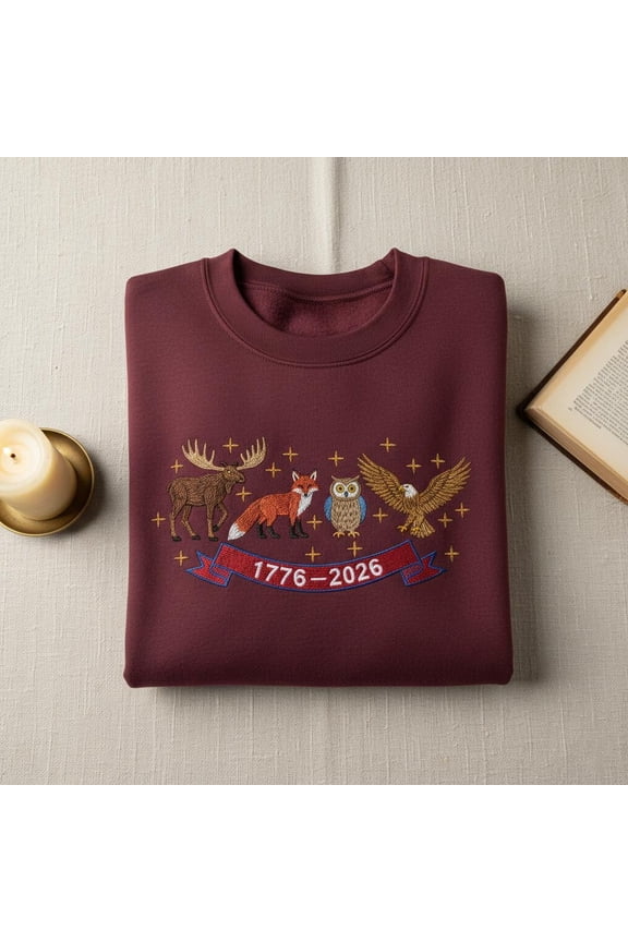 Embroidered Moose Fox Owl Eagle Sweatshirt, 1776-2026 Patriotic Animals Crewneck, American Anniversary Wildlife Jumper