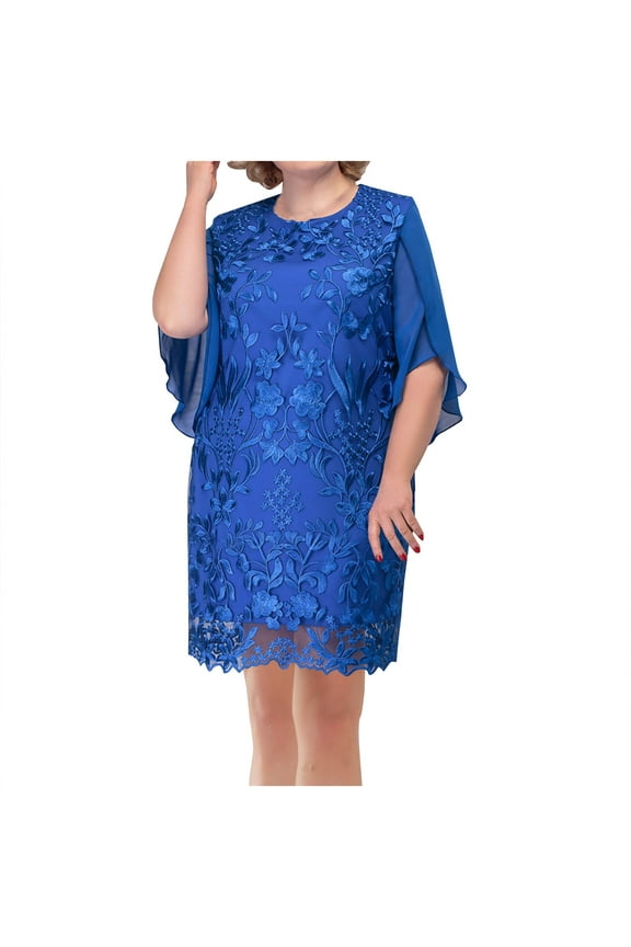 Embroidered Mother of Bride Dresses Plus Size Elegant 3/4 Sleeve Chiffon Bobycon Dress Lace Wedding Guest Evening Gowns Blue, 5XL
