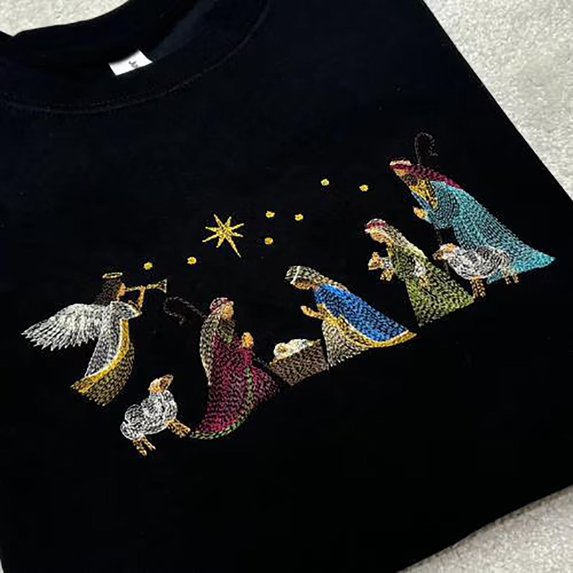 Embroidered Nativity Scene Sweatshirt: Christian Christmas Jumper
