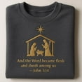 thumbnail image 1 of Embroidered Nativity Scene Sweatshirt, John 1:14 Christmas Bible Verse Shirt, Christian Faith Crewneck, Manger Religious Gift, 1 of 4
