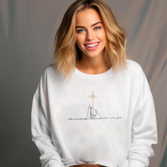 Embroidered Nativity Scene Sweatshirt, Nativity Line Art Christian Christmas Embroidery Crewneck, All is Calm All is Bright Jesus Lover Gift