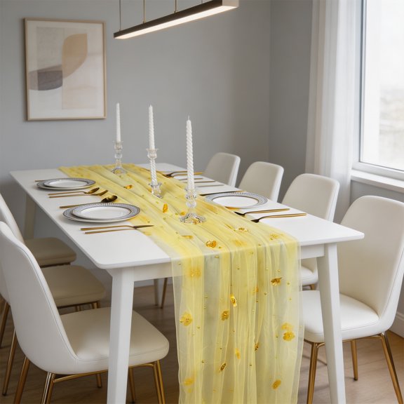 Embroidered Net Tablecloth, Sheer Pearl Flower Fabric, Wedding Birthday Party Runner for Dining, Lace Overlay Table Cover, Elegant Event Decor, Yellow