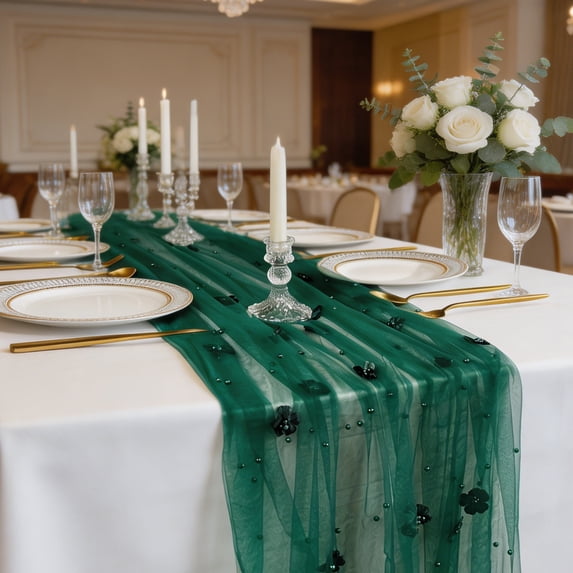 Embroidered Net Tablecloth, Sheer Pearl Flower Fabric, Wedding Birthday Party Runner for Dining, Lace Overlay Table Cover, Elegant Event Decor, Green