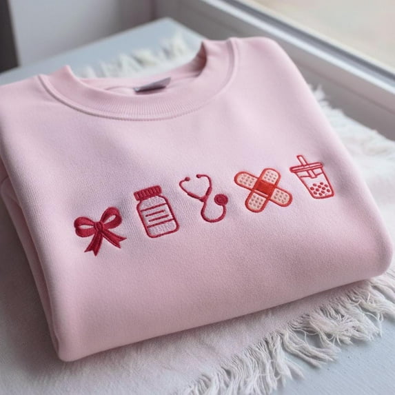 Embroidered Nurse Lovers Sweatshirt, Kawaii Medical Crewneck, Nurse Gift for Women, Stethoscope Bandage Bubble Tea Aesthetic Shirt