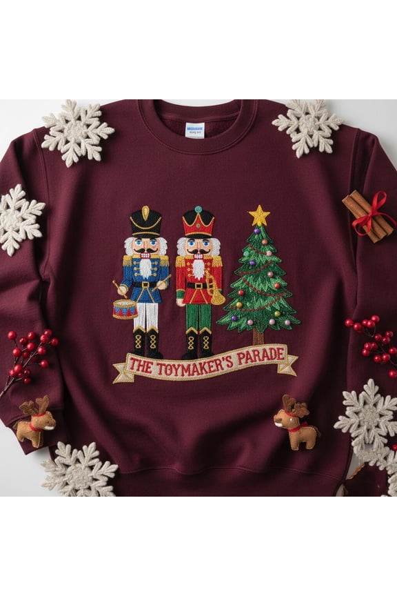 Embroidered Nutcracker Toymaker's Parade Sweatshirt, Soldier Drummer Trumpeter Christmas Sweater, Festive Winter Holiday Crewneck