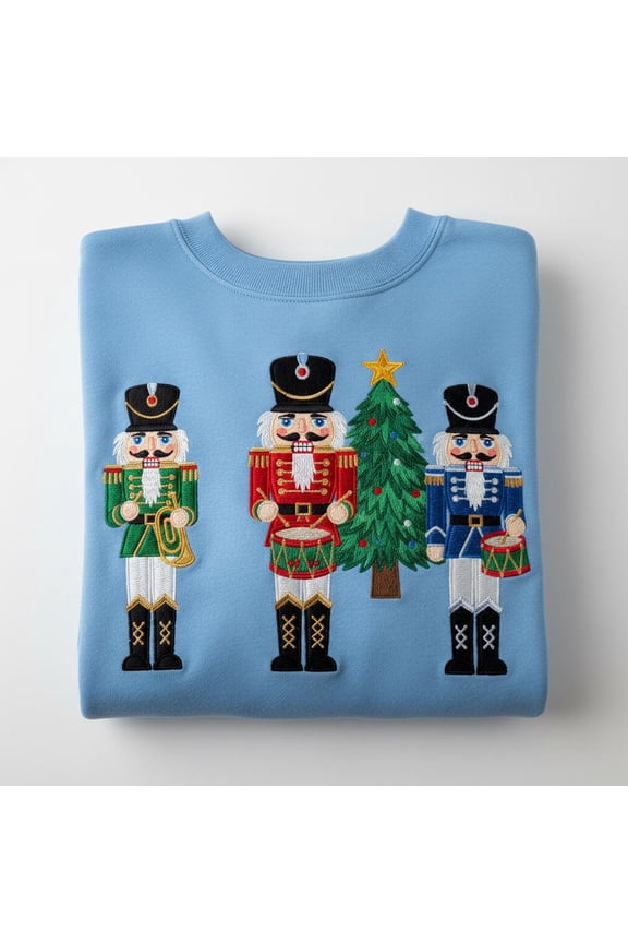 Embroidered Nutcracker Trio Sweatshirt, Toy Soldier Christmas Tree Sweater, Holiday Marching Band Crewneck, Festive Winter Parade Top