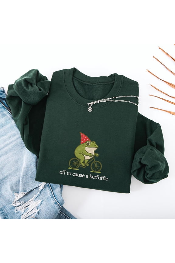 Embroidered Off To Cause A Kerfuffle Frog Sweatshirt, Funny Weirdcore Sayings Tshirt, Adults Men Women Meme Tee, Sarcastic Hoodie Frog Lover