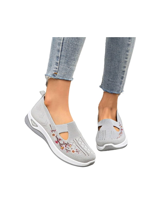 Embroidered Office Shoes, Women's Flower Embroidered Slip On Knitting Flat Loafers,Mary Jane Breathable Elastic Mesh Comfy Platform Non Slip Memory Foam Mom Walking Nurse Shoes Casual Walking, Gray 9