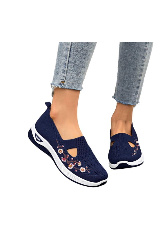 Embroidered Office Shoes, Women's Flower Embroidered Slip On Knitting Flat Loafers,Mary Jane Breathable Elastic Mesh Comfy Platform Non Slip Memory Foam Mom Walking Nurse Shoes Casual Walking, Blue 7