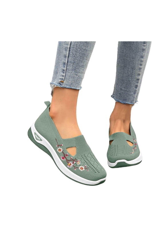 Embroidered Office Shoes, Women's Flower Embroidered Slip On Knitting Flat Loafers,Mary Jane Breathable Elastic Mesh Platform Non Slip Memory Foam Mom Walking Nurse Shoes Casual Walking, Green 8