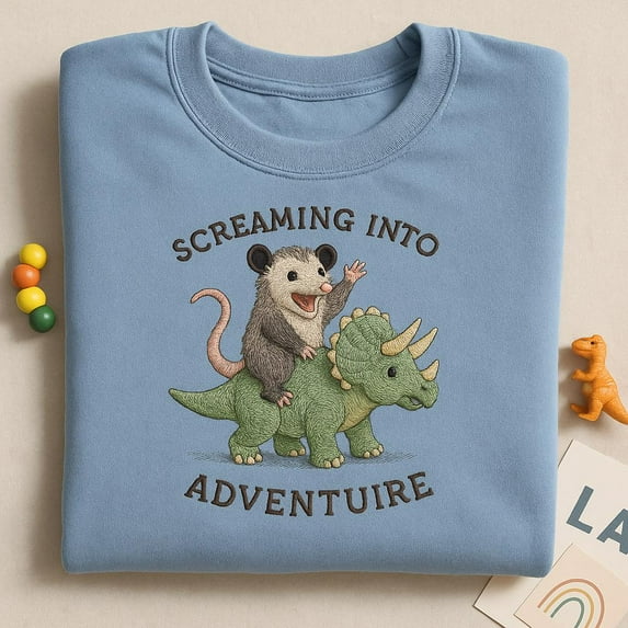 Embroidered Opossum Dinosaur Sweatshirt, Screaming Adventure Crewneck, Funny Dino Rider Gift, Opossum Lover Shirt