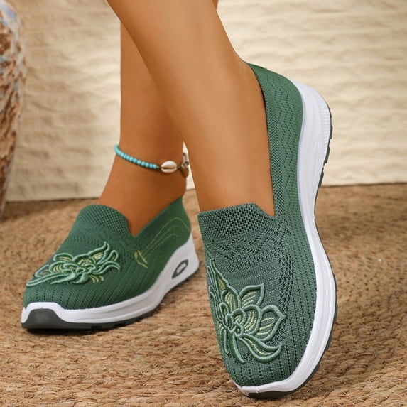Embroidered Orthopedic Shoes for Women, Slip On Knit Loafers Breathable Mesh, Casual Sneakers Lightweight Comfortable Orthopedic Walking Shoes