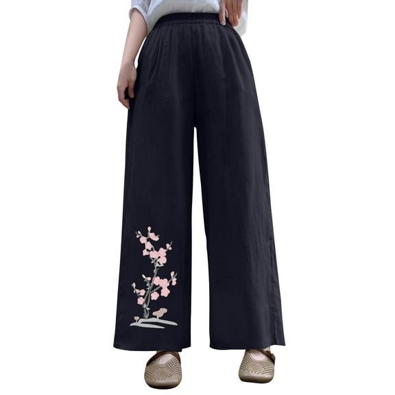 Embroidered Palazzo Pants for Women Dressy Summer High Waisted Wide Leg Linen Trousers, Elastic Waist Loose Lounge Casual with Pockets Floral Retro