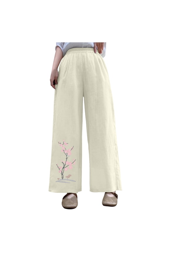 Embroidered Palazzo Pants for Women Dressy Summer High Waisted Wide Leg Linen Trousers, Elastic Waist Loose Lounge Casual with Pockets Floral Retro