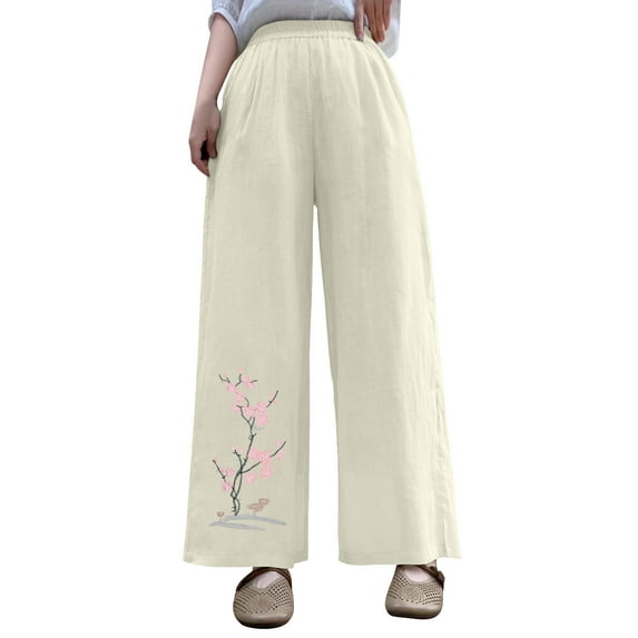 Embroidered Palazzo Pants for Women Dressy Summer High Waisted Wide Leg Linen Trousers, Elastic Waist Loose Lounge Casual with Pockets Floral Retro